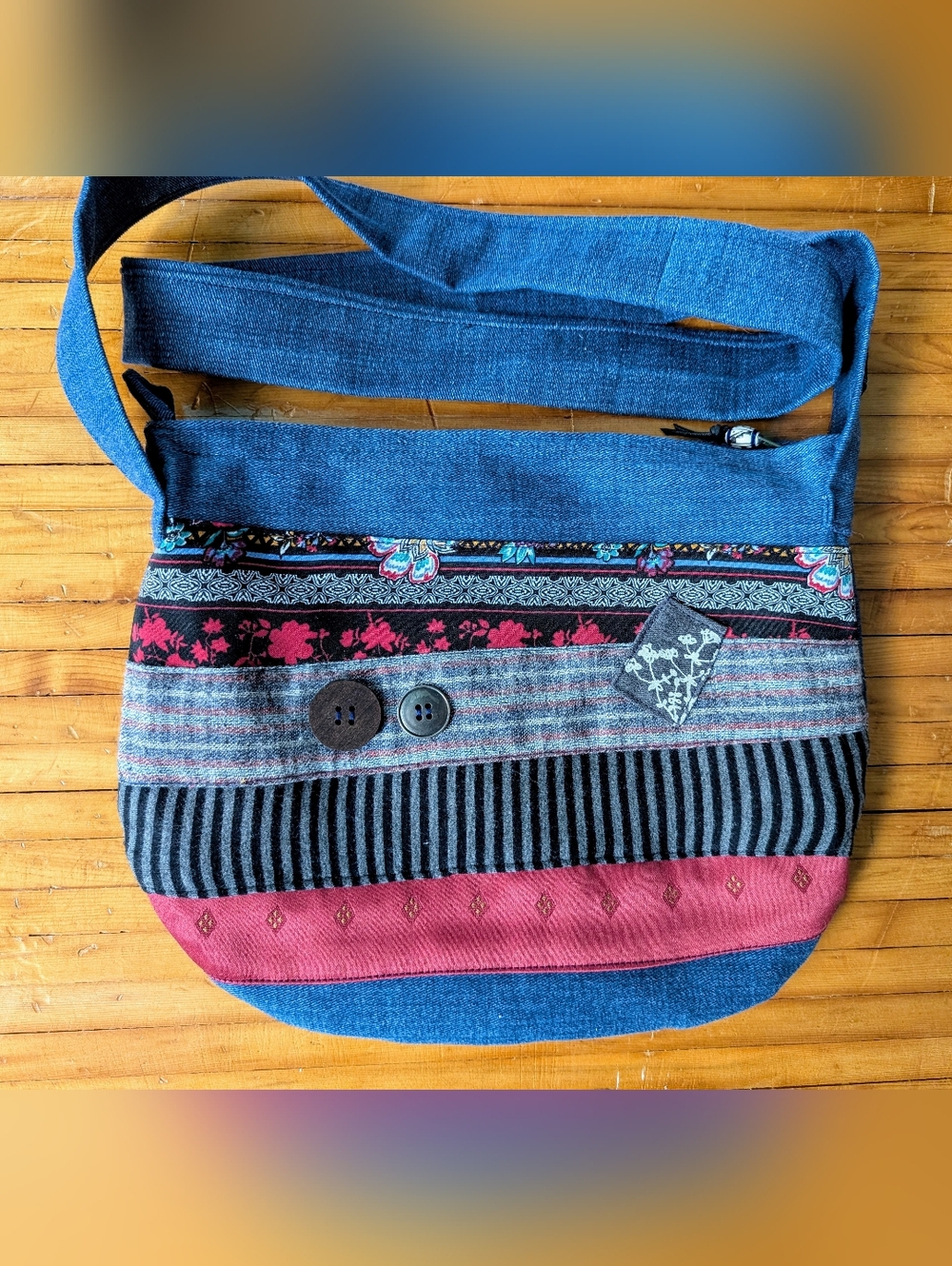 Handcrafted Boho Stripe Patchwork Jeans Shoulder Bag